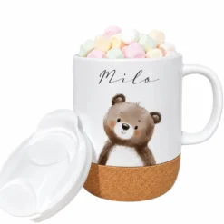 Personalisierte Kindertasse mit Name – Keramiktasse mit Korkboden & Deckel | 12 Tiermotive