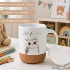 Personalisierte Kindertasse mit Name – Keramiktasse mit Korkboden & Deckel | 12 Tiermotive