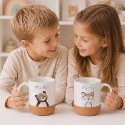 Personalisierte Kindertasse mit Name – Keramiktasse mit Korkboden & Deckel | 12 Tiermotive