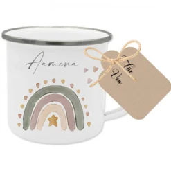 Personalisierte Kindertasse aus Emaille mit einem Regenbogen