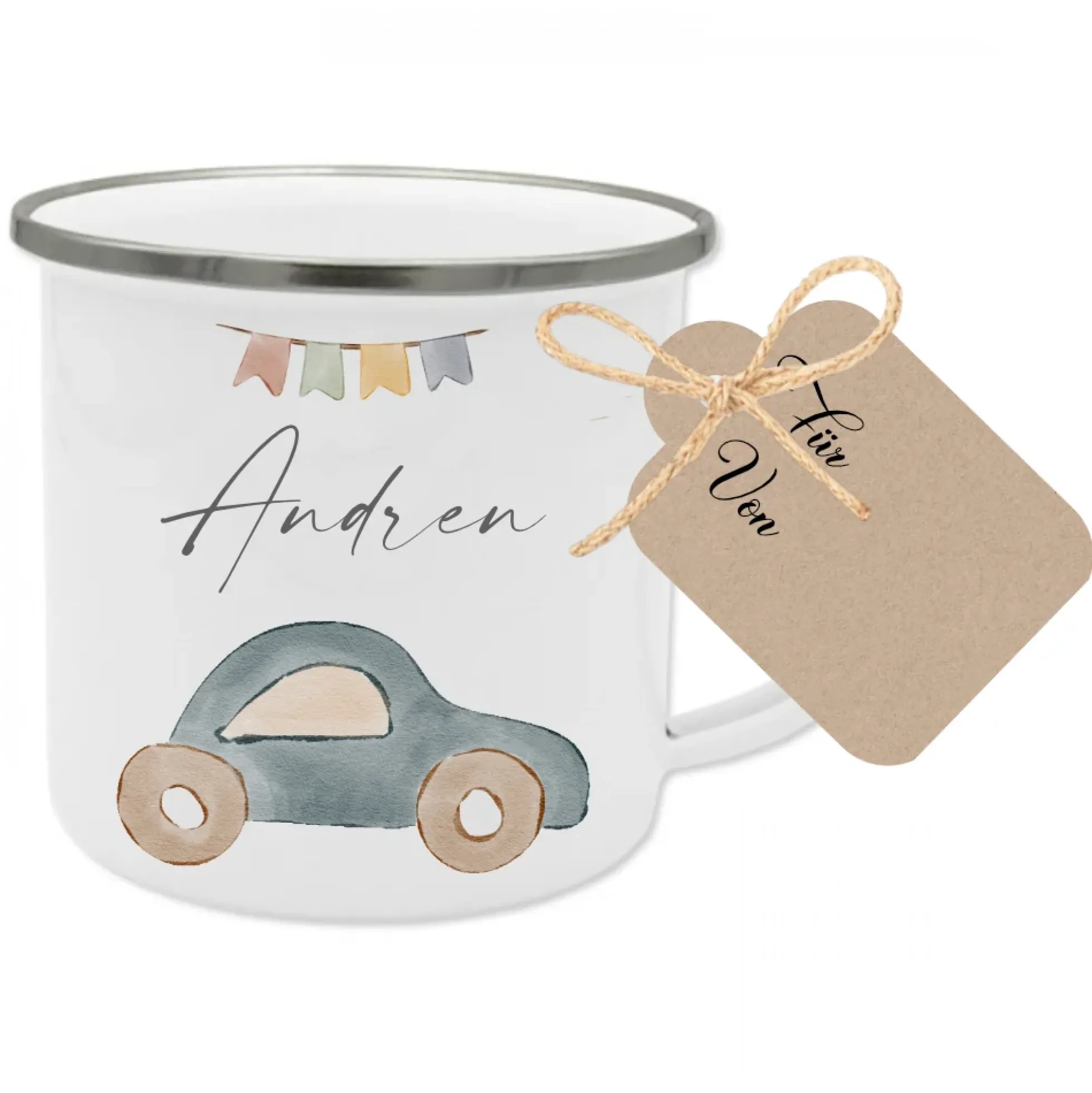Personalisierte Kindertasse aus Emaille mit einem Auto
