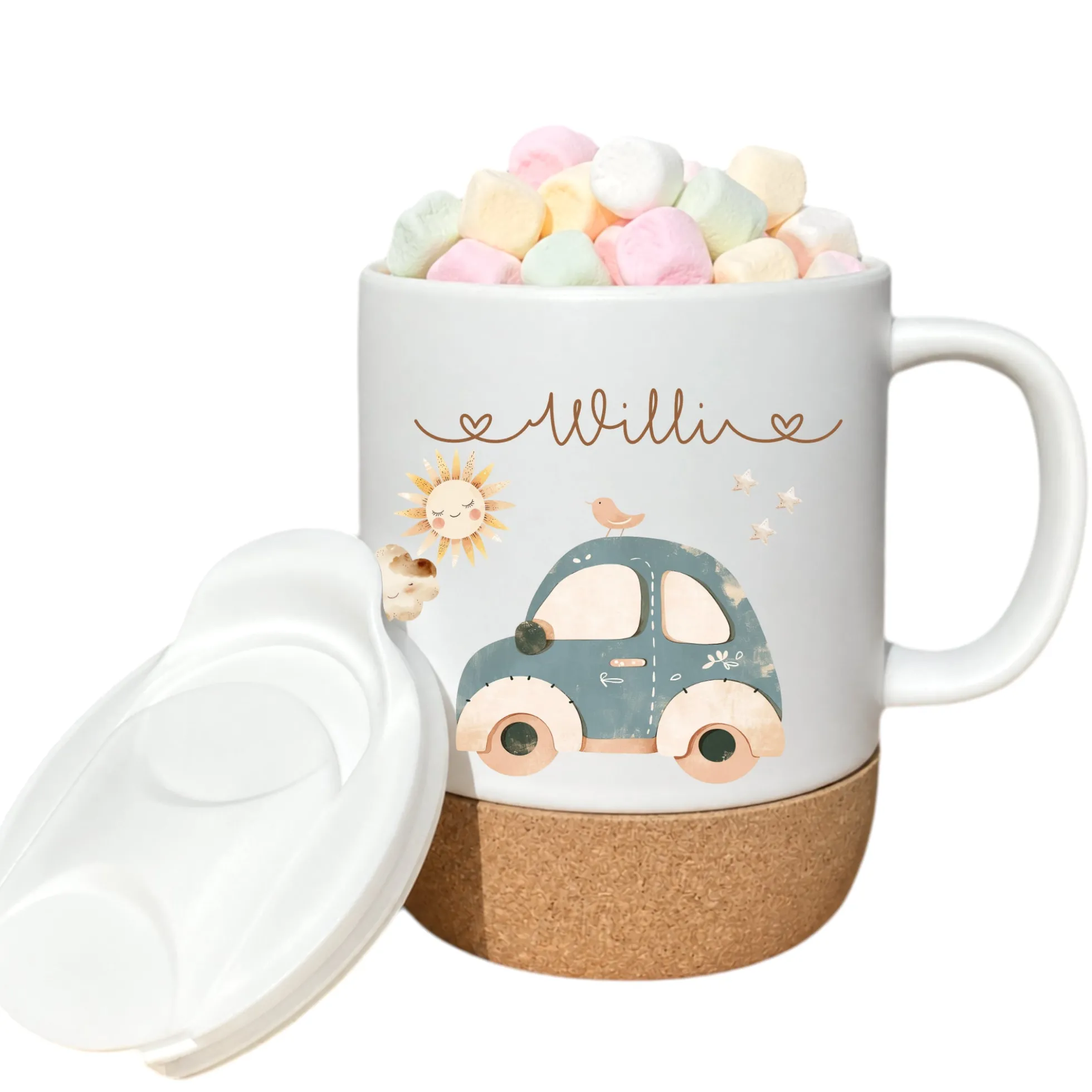 Personalisierte Kindertasse mit Namen – Keramiktasse mit Korkboden & Deckel | 14 Motive zur Auswahl
