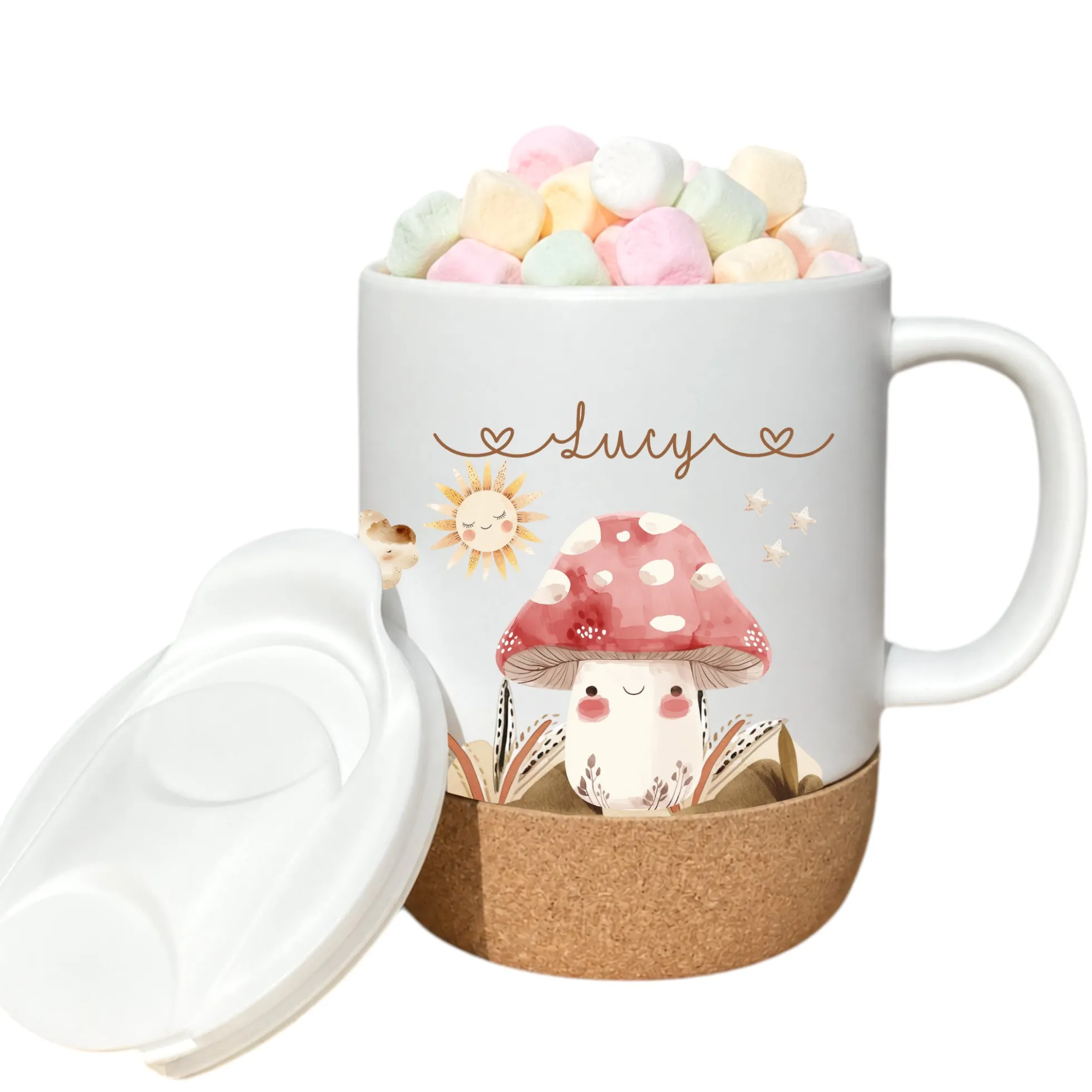 Personalisierte Kindertasse mit Namen – Keramiktasse mit Korkboden & Deckel | 14 Motive zur Auswahl