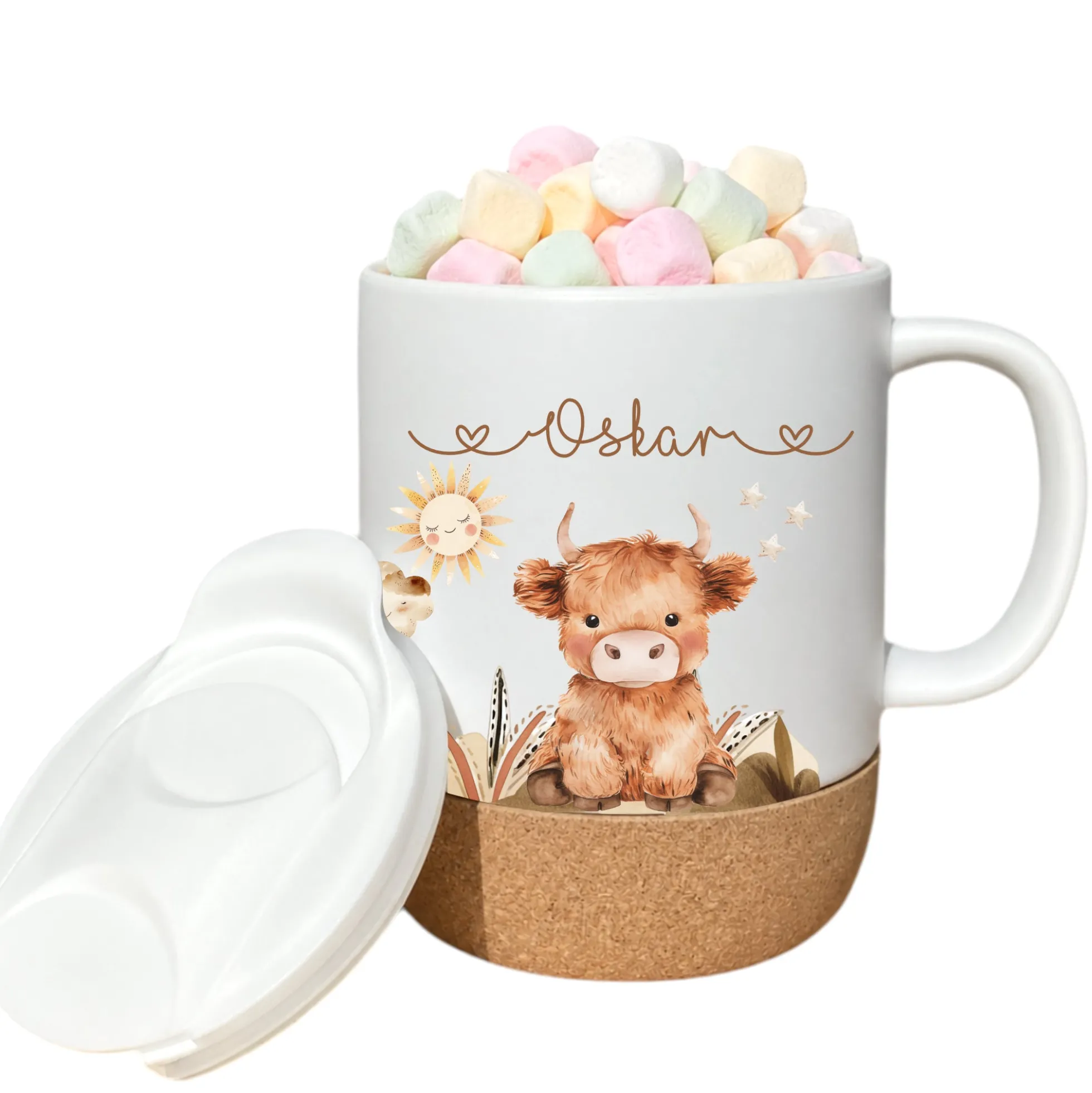 Personalisierte Kindertasse mit Namen – Keramiktasse mit Korkboden & Deckel | 14 Motive zur Auswahl