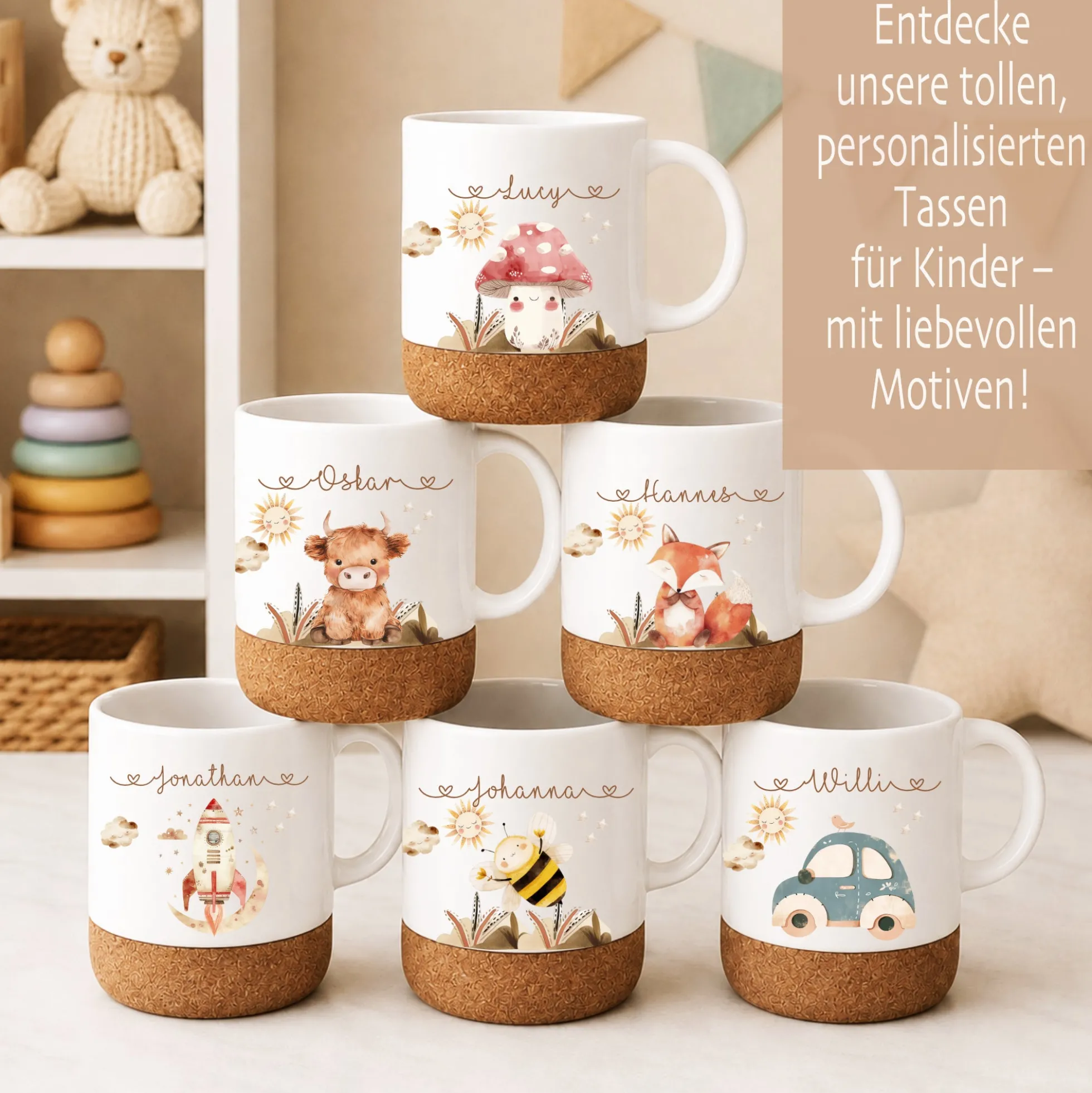 Personalisierte Kindertasse mit Namen – Keramiktasse mit Korkboden & Deckel | 14 Motive zur Auswahl