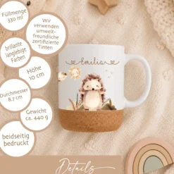 Personalisierte Kindertasse mit Namen – Keramiktasse mit Korkboden & Deckel | 14 Motive zur Auswahl