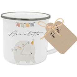 Personalisierte Kindertasse aus Emaille mit Elefant
