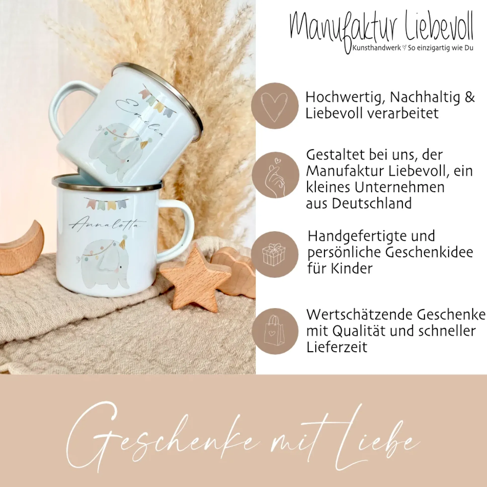 Personalisierte Kindertasse aus Emaille mit Elefant