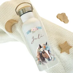 Personalisierte Kinder Trinkflasche "Pferd" für Kinder mit Namen | Thermosflasche Pony aus Edelstahl mit Bambusdeckel für Mädchen Teenager | 500ml