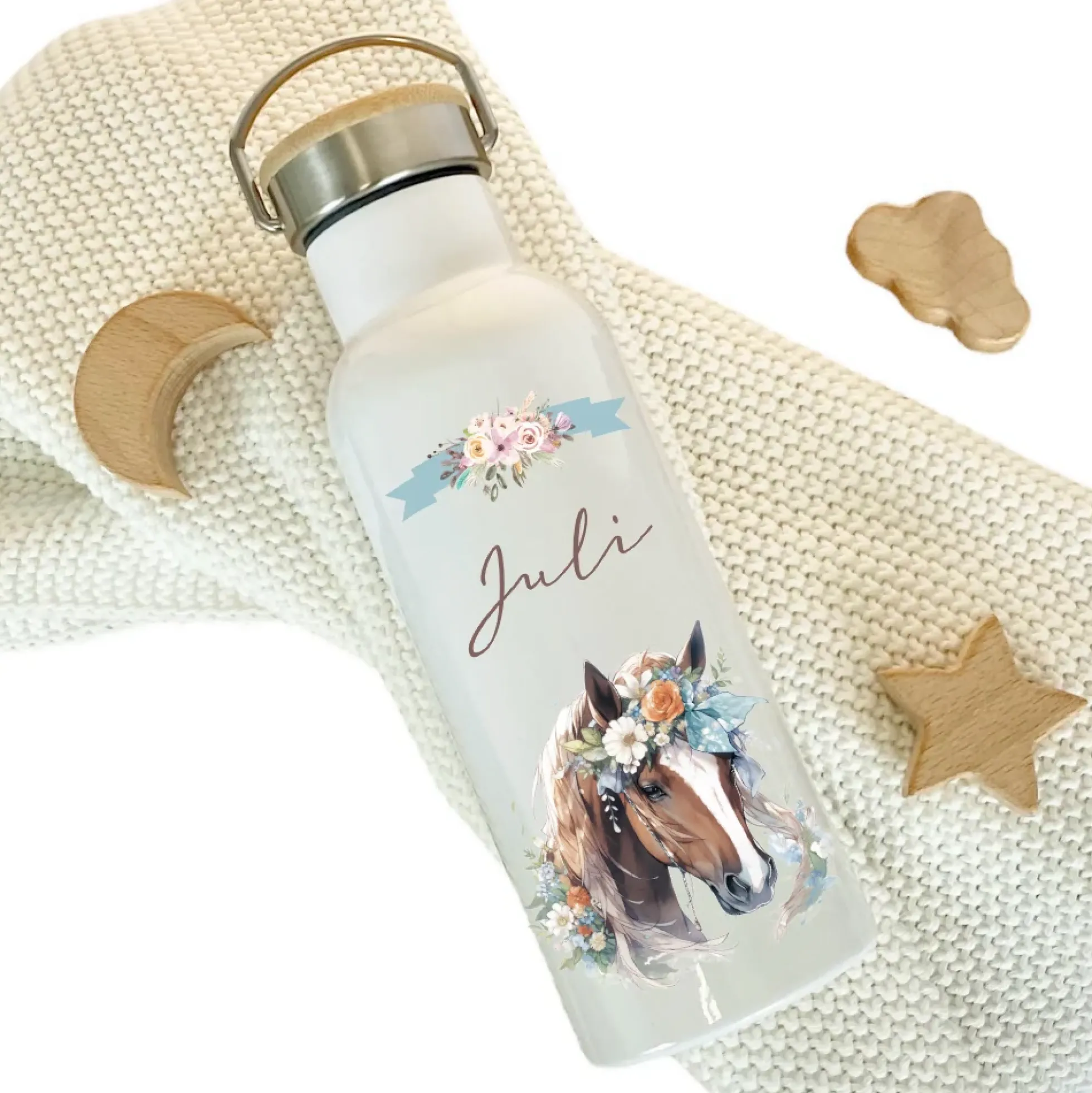 Personalisierte Kinder Trinkflasche "Pferd" für Kinder mit Namen | Thermosflasche Pony aus Edelstahl mit Bambusdeckel für Mädchen Teenager | 500ml