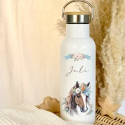 Personalisierte Kinder Trinkflasche "Pferd" für Kinder mit Namen | Thermosflasche Pony aus Edelstahl mit Bambusdeckel für Mädchen Teenager | 500ml