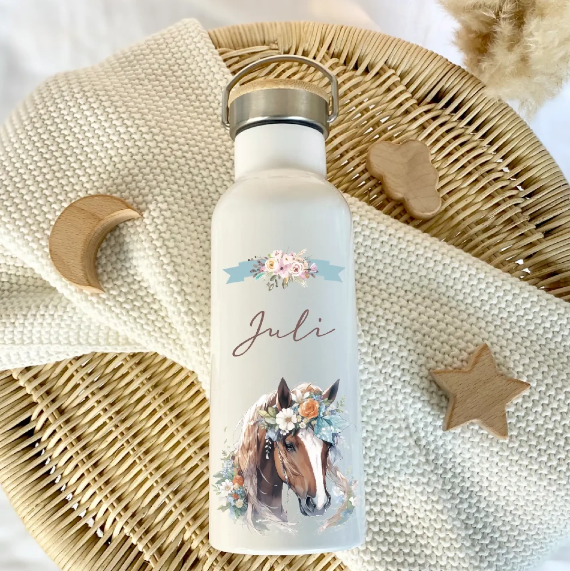 Personalisierte Kinder Trinkflasche "Pferd" für Kinder mit Namen | Thermosflasche Pony aus Edelstahl mit Bambusdeckel für Mädchen Teenager | 500ml