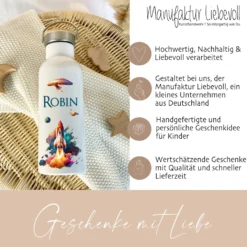 Personalisierte Kinder Trinkflasche "Rakete" für Jungen mit Namen | Thermosflasche Weltraum aus Edelstahl mit Bambusdeckel für Kita Schule | 500ml