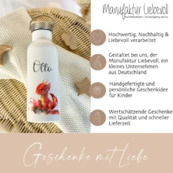 Personalisierte Kinder Trinkflasche "Drache" für Jungen / Mädchen mit Namen | Edelstahl Thermosflasche Dino mit Bambusdeckel | Kita Schule 500ml