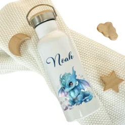 Personalisierte Kinder Trinkflasche „Drache Fabelwesen" mit Namen für Jungen u. Mädchen I Edelstahl Thermosflasche für Kita Schule 500ml