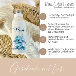 Personalisierte Kinder Trinkflasche „Drache Fabelwesen" mit Namen für Jungen u. Mädchen I Edelstahl Thermosflasche für Kita Schule 500ml