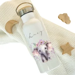 Personalisierte Kinder Trinkflasche „Elefant" mit Namen für Mädchen| Edelstahl Thermosflasche für Kita Schule 500ml