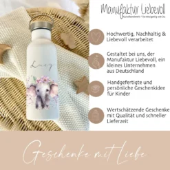 Personalisierte Kinder Trinkflasche „Elefant" mit Namen für Mädchen| Edelstahl Thermosflasche für Kita Schule 500ml