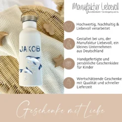 Personalisierte Kinder Trinkflasche „Wal" mit Namen für Mädchen /Jungen | Edelstahl Thermosflasche für Kita Schule 500ml