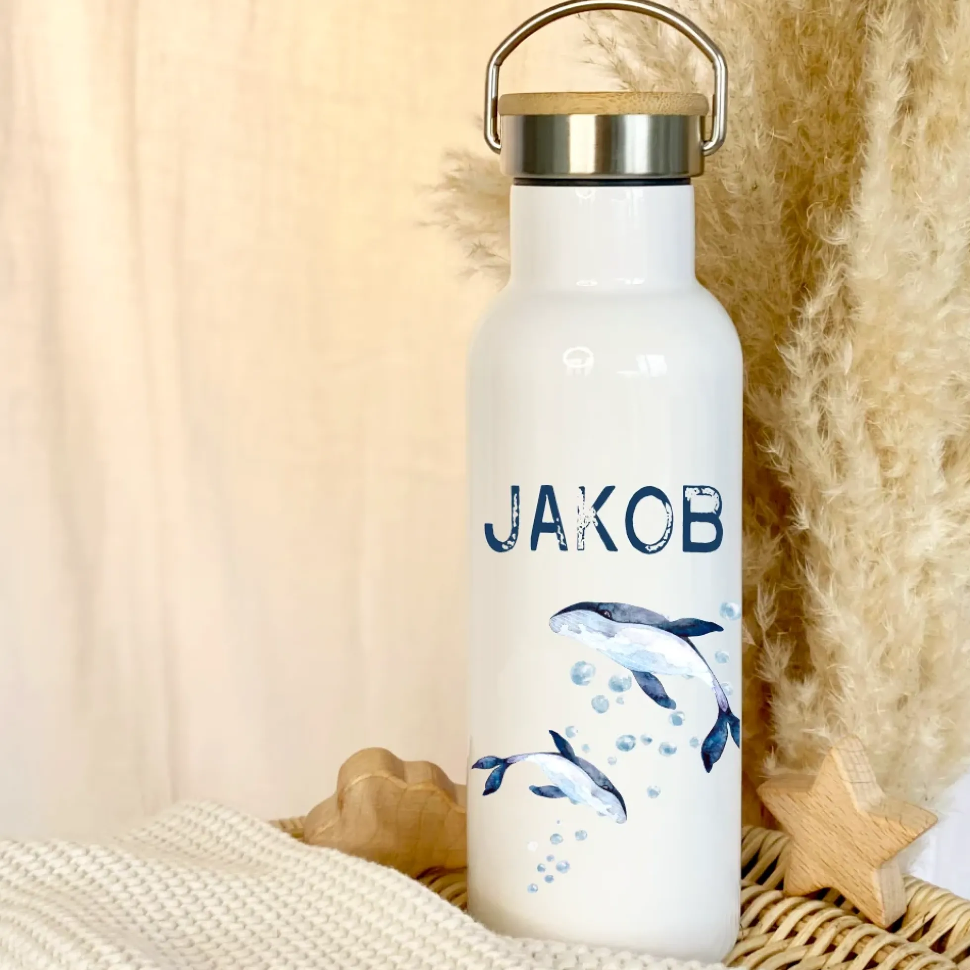 Personalisierte Kinder Trinkflasche „Wal" mit Namen für Mädchen /Jungen | Edelstahl Thermosflasche für Kita Schule 500ml
