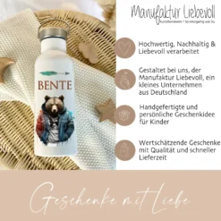Personalisierte Kinder Trinkflasche "Bär" für Jungen mit Namen Teenager | Thermosflasche aus Edelstahl mit Bambusdeckel für Kita Schule | 500ml