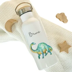 Personalisierte Kinder Trinkflasche "Dino" für Jungen / Mädchen mit Namen | Edelstahl Thermosflasche Tiermotiv mit Bambusdeckel | Kita Schule 500ml