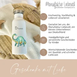 Personalisierte Kinder Trinkflasche "Dino" für Jungen / Mädchen mit Namen | Edelstahl Thermosflasche Tiermotiv mit Bambusdeckel | Kita Schule 500ml