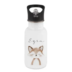 Personalisierte Kinder Trinkflasche mit Name – Edelstahl Trinkflasche mit Strohhalm 400ml / 500ml / 600ml – Tiermotiv für Kita & Schule