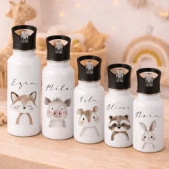 Personalisierte Kinder Trinkflasche mit Name – Edelstahl Trinkflasche mit Strohhalm 400ml / 500ml / 600ml – Tiermotiv für Kita & Schule