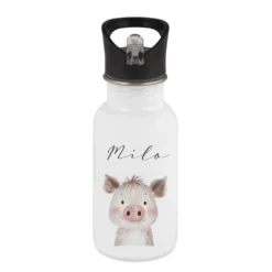 Personalisierte Kinder Trinkflasche mit Name – Edelstahl Trinkflasche mit Strohhalm 400ml / 500ml / 600ml – Tiermotiv für Kita & Schule