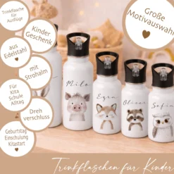 Personalisierte Kinder Trinkflasche mit Name – Edelstahl Trinkflasche mit Strohhalm 400ml / 500ml / 600ml – Tiermotiv für Kita & Schule