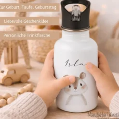 Personalisierte Kinder Trinkflasche mit Name – Edelstahl Trinkflasche mit Strohhalm 400ml / 500ml / 600ml – Tiermotiv für Kita & Schule