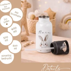 Personalisierte Kinder Trinkflasche mit Name – Edelstahl Trinkflasche mit Strohhalm 400ml / 500ml / 600ml – Tiermotiv für Kita & Schule