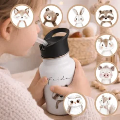 Personalisierte Kinder Trinkflasche mit Name – Edelstahl Trinkflasche mit Strohhalm 400ml / 500ml / 600ml – Tiermotiv für Kita & Schule