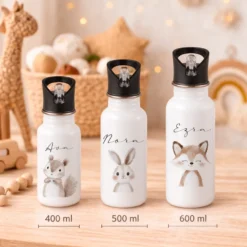 Personalisierte Kinder Trinkflasche mit Name – Edelstahl Trinkflasche mit Strohhalm 400ml / 500ml / 600ml – Tiermotiv für Kita & Schule
