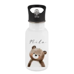 Personalisierte Kinder Trinkflasche mit Name – Edelstahl Trinkflasche mit Strohhalm 400ml / 500ml / 600ml – Tiermotiv für Kita & Schule