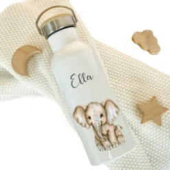 Personalisierte Kinder Trinkflasche „Elefanten Baby" mit Namen für Mädchen Jungen | Edelstahl Thermosflasche für Kita Schule 500ml