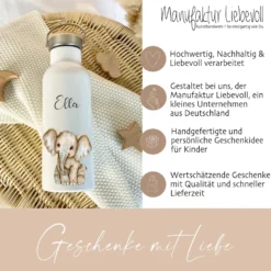 Personalisierte Kinder Trinkflasche „Elefanten Baby" mit Namen für Mädchen Jungen | Edelstahl Thermosflasche für Kita Schule 500ml