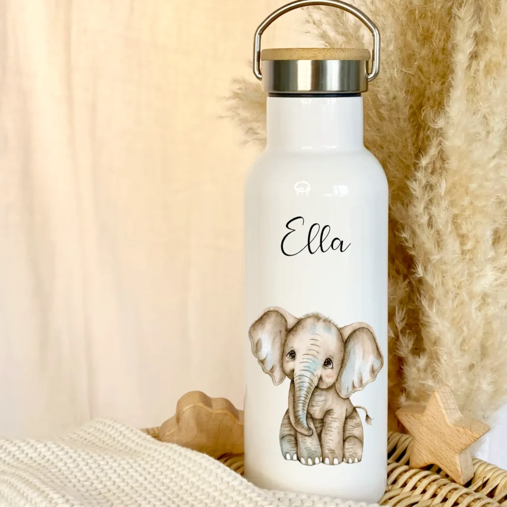 Personalisierte Kinder Trinkflasche „Elefanten Baby" mit Namen für Mädchen Jungen | Edelstahl Thermosflasche für Kita Schule 500ml