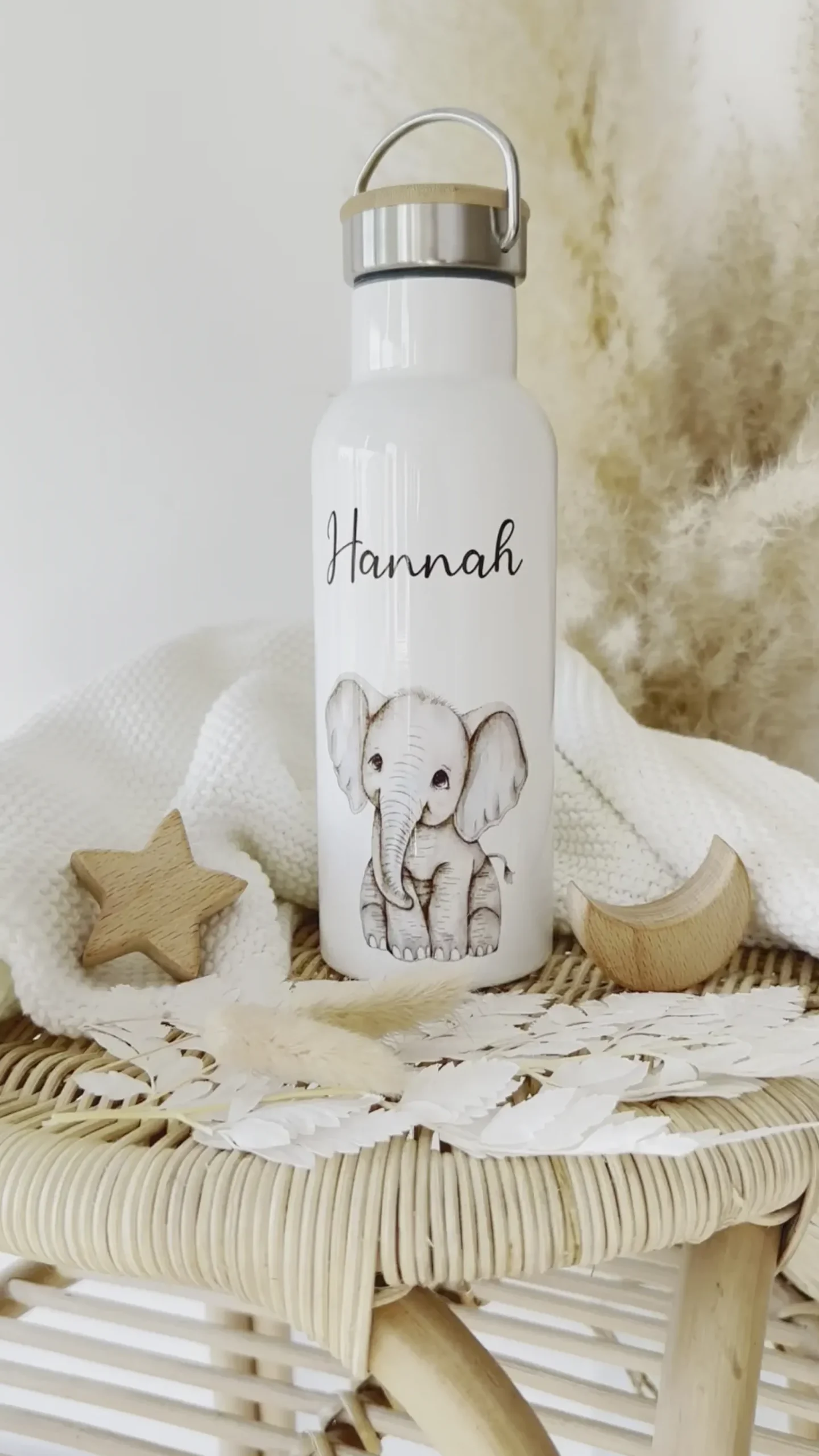 Personalisierte Kinder Trinkflasche „Elefanten Baby" mit Namen für Mädchen Jungen | Edelstahl Thermosflasche für Kita Schule 500ml