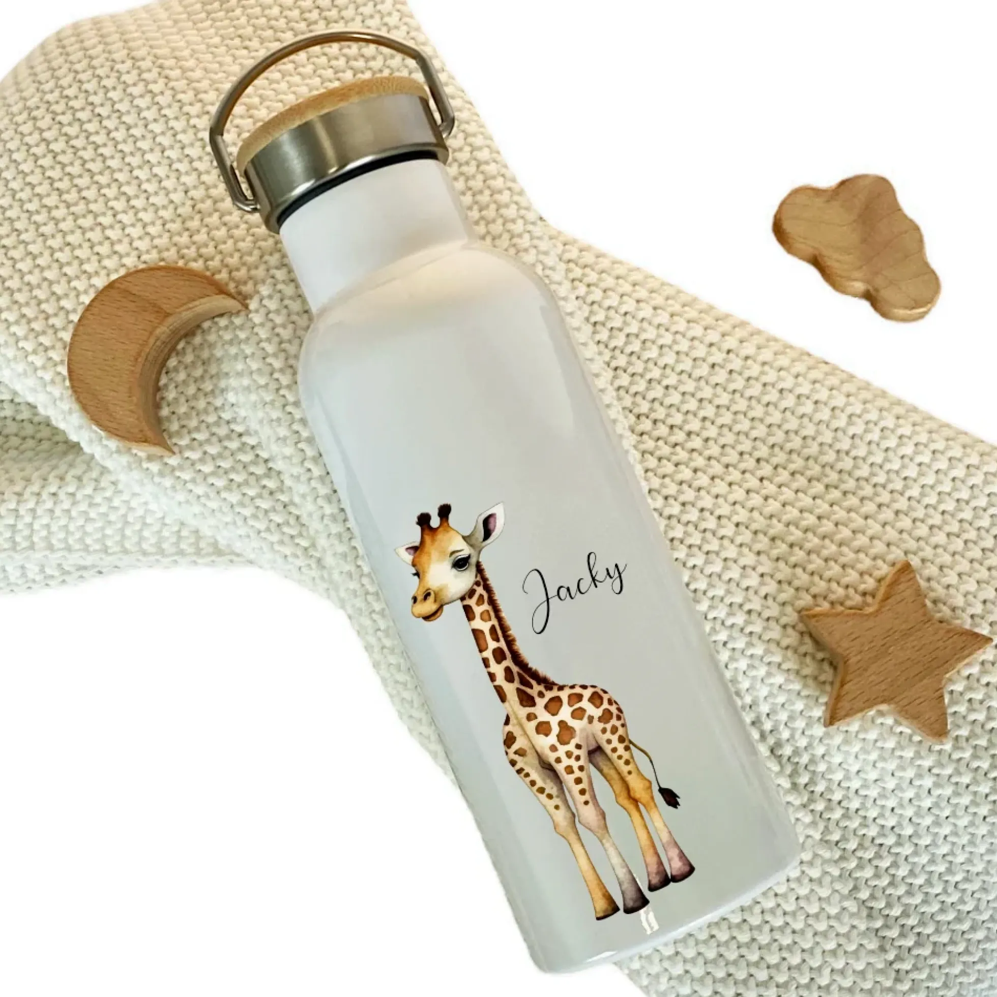 Personalisierte Kinder Trinkflasche "Giraffe" für Jungen / Mädchen mit Namen | Edelstahl Thermosflasche Tiermotiv mit Bambusdeckel | Kita Schule 500ml