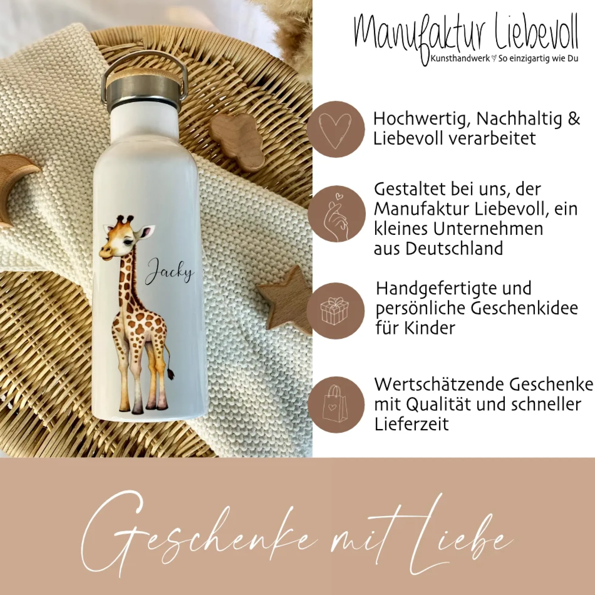 Personalisierte Kinder Trinkflasche "Giraffe" für Jungen / Mädchen mit Namen | Edelstahl Thermosflasche Tiermotiv mit Bambusdeckel | Kita Schule 500ml