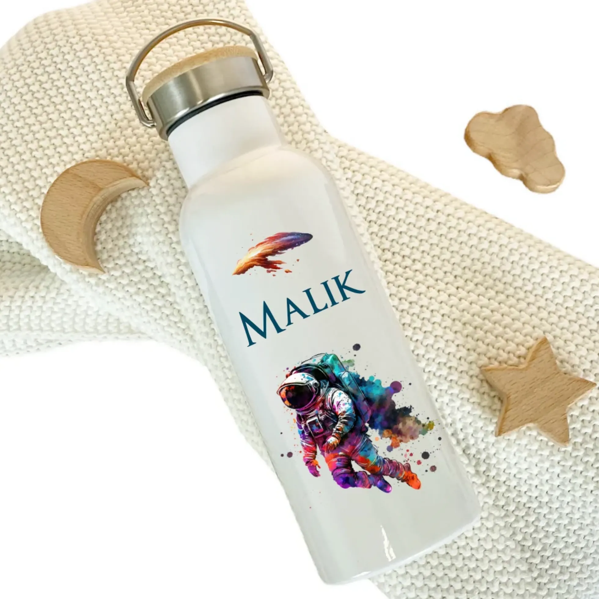 Personalisierte Kinder Trinkflasche "Astronaut" für Jungen mit Namen | Thermosflasche Weltall aus Edelstahl für Teenager Kita Schule | 500ml