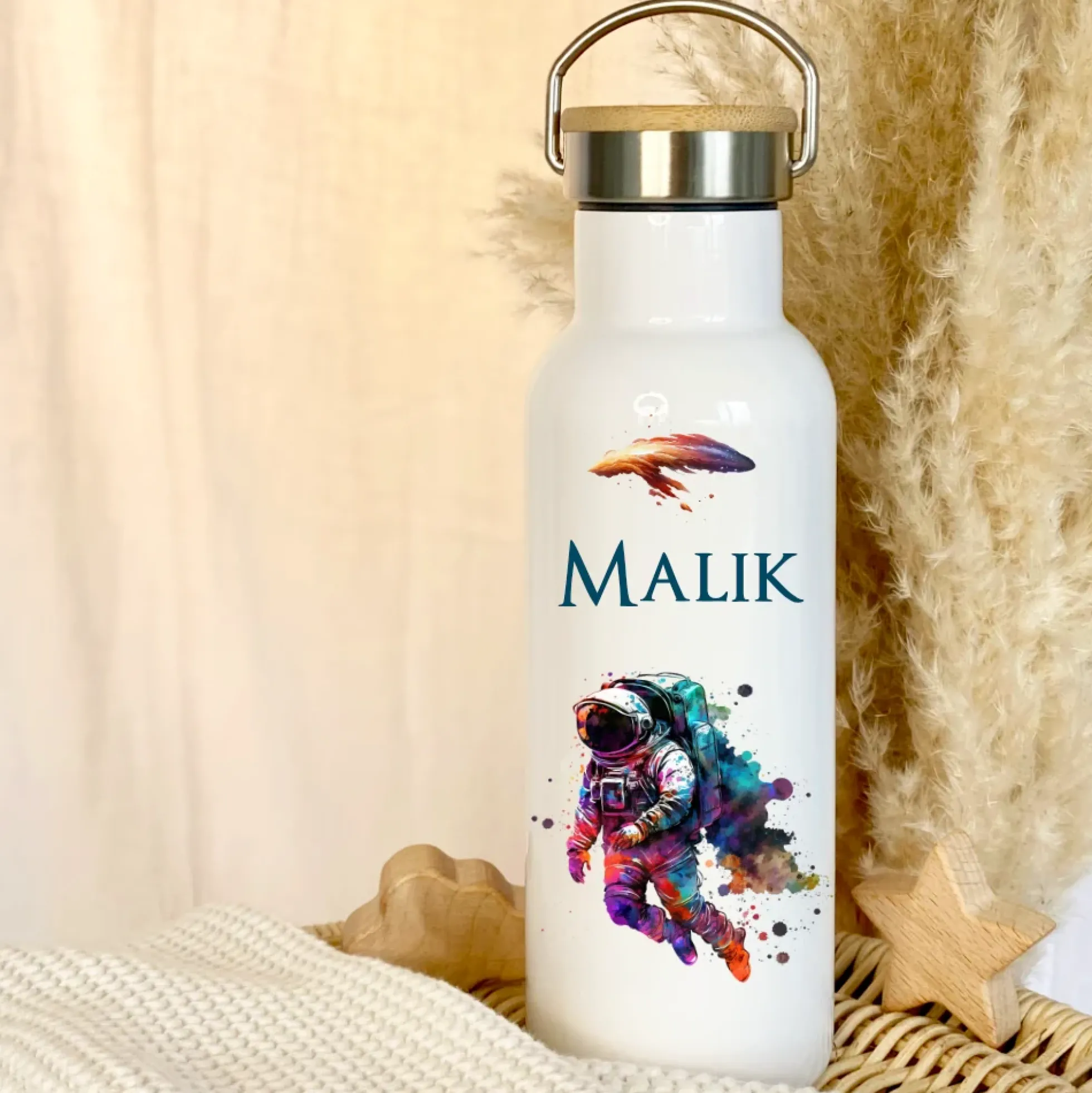Personalisierte Kinder Trinkflasche "Astronaut" für Jungen mit Namen | Thermosflasche Weltall aus Edelstahl für Teenager Kita Schule | 500ml