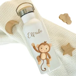 Personalisierte Kinder Trinkflasche "Affe" für Jungen / Mädchen mit Namen | Edelstahl Thermosflasche Tiermotiv mit Bambusdeckel | Kita Schule 500ml
