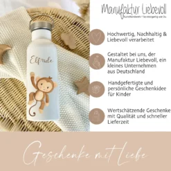 Personalisierte Kinder Trinkflasche "Affe" für Jungen / Mädchen mit Namen | Edelstahl Thermosflasche Tiermotiv mit Bambusdeckel | Kita Schule 500ml