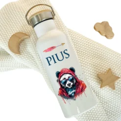 Personalisierte Kinder Trinkflasche "Panda" für Jungen mit Namen Teenager | Thermosflasche aus Edelstahl mit Bambusdeckel für Kita Schule | 500ml