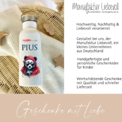 Personalisierte Kinder Trinkflasche "Panda" für Jungen mit Namen Teenager | Thermosflasche aus Edelstahl mit Bambusdeckel für Kita Schule | 500ml