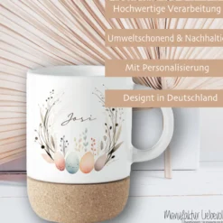 Personalisierte Ostertasse aus Kermik mit Korkboden, 3 Motive zur Auswahl