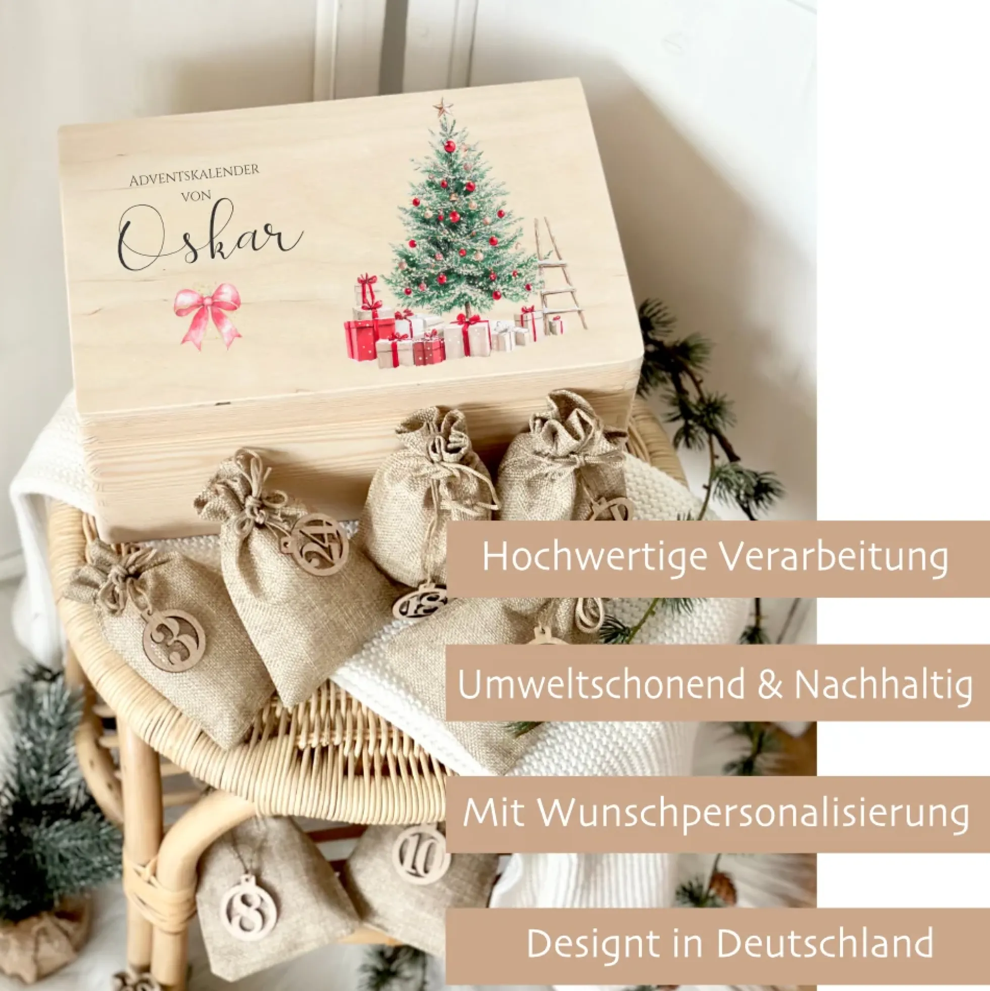 Personalisierter Adventskalender mit Weihnachtsbaum aus Holz mit Namen zum Befüllen für Kinder